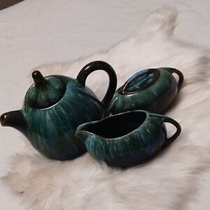 BMP Blue Mountain Pottery Hand-Glazed Green Ceramic Teapot, Creamer & Sugar Set